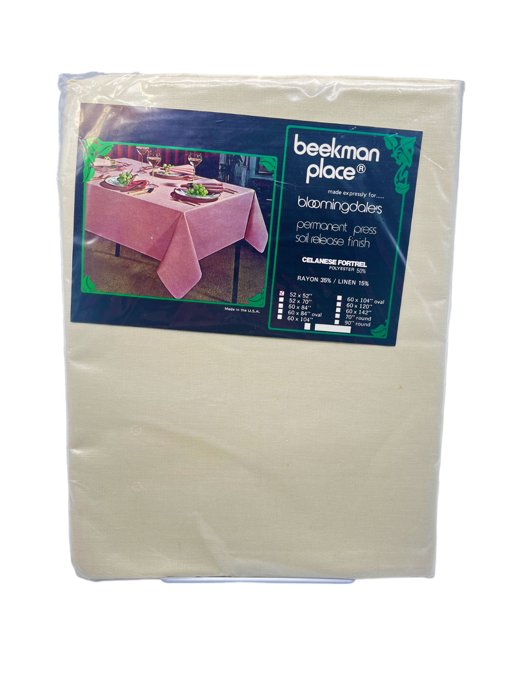 Bloomingdales Beekman Place, Tablecloth Permanent Press 52"x52" Cream, USA